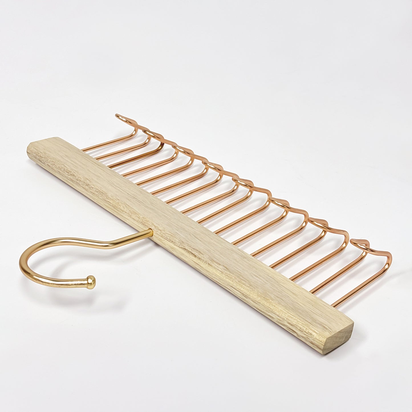 Wooden Hanger Tie & Scarf Organizer | Camphor Wood | Rose Gold Hooks