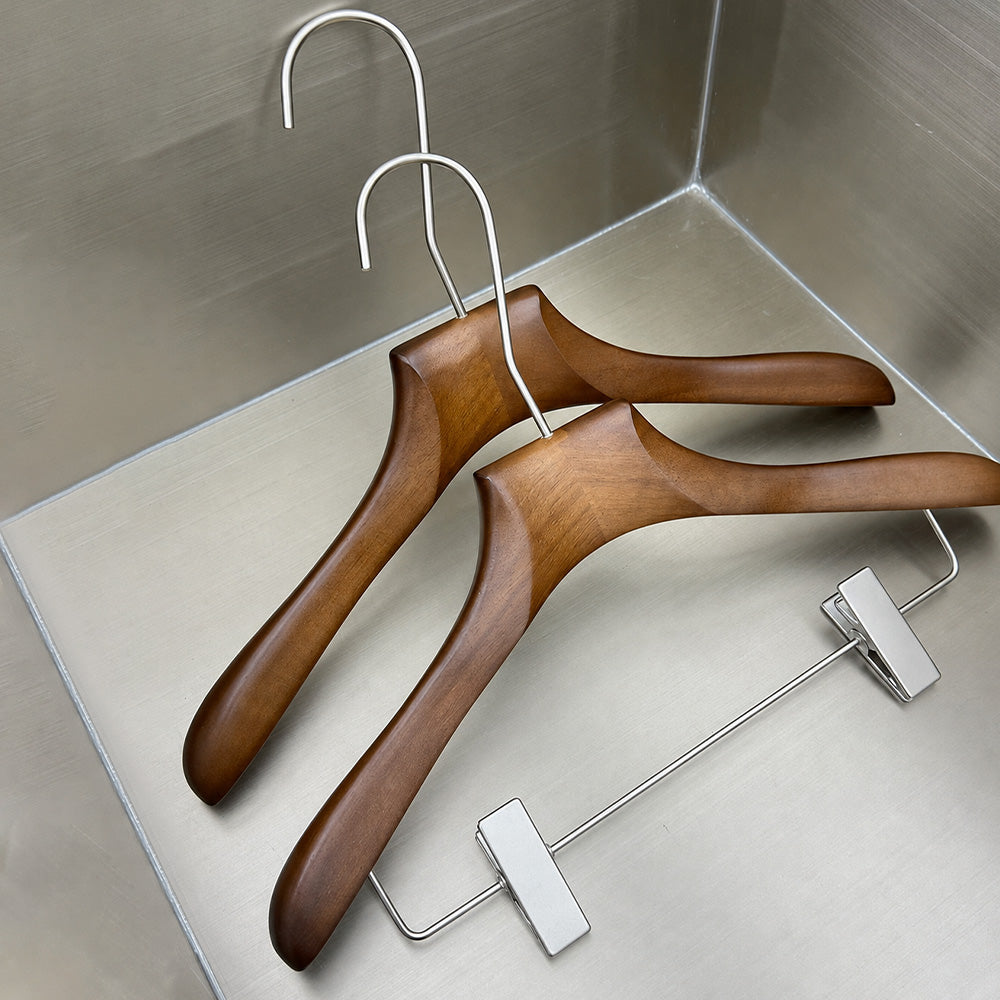 Walnut Beech Wood Hangers Wholesale – Suit & Pants Hangers with Clips