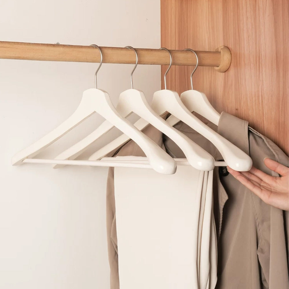 White Wooden Wide Shoulder Hangers with Pants Bar – Matte & Glossy, 46 cm