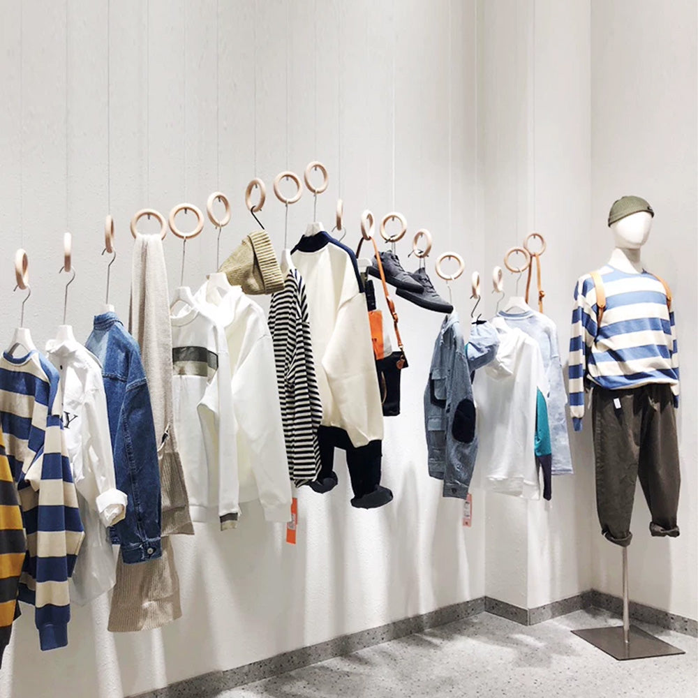 Solid Wood Ring Ceiling-Mounted Clothing Display Rack for Boutiques