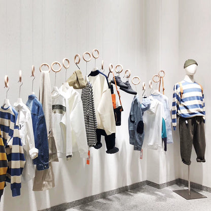 Solid Wood Ring Ceiling-Mounted Clothing Display Rack for Boutiques