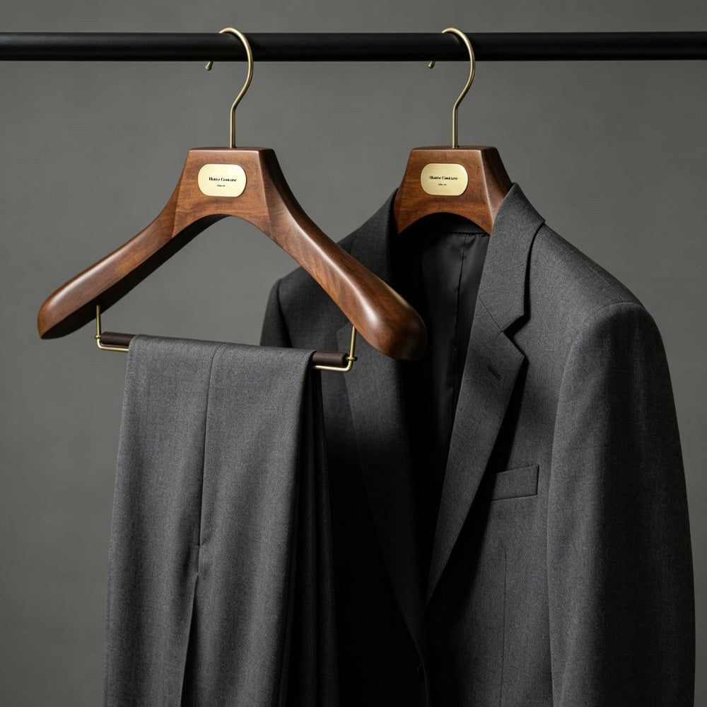 Custom Wooden Suit Hangers with Metal Logo Plate | Wholesale MOQ 50