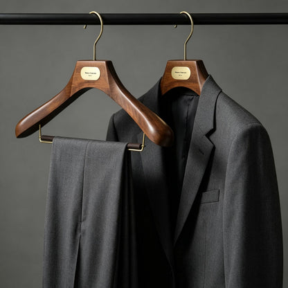Custom Wooden Suit Hangers with Metal Logo Plate | Wholesale MOQ 50