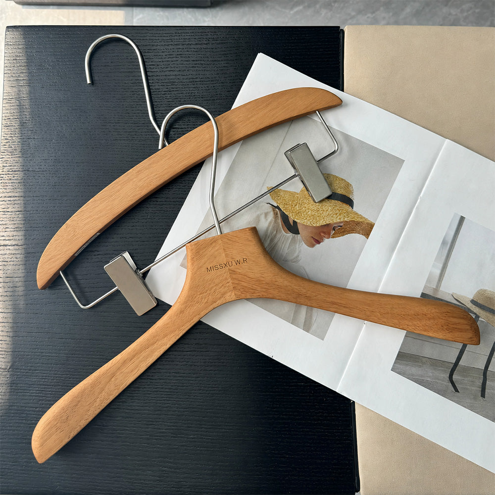 Vintage Walnut Solid Wood Hangers with Clips for Suits and Pants