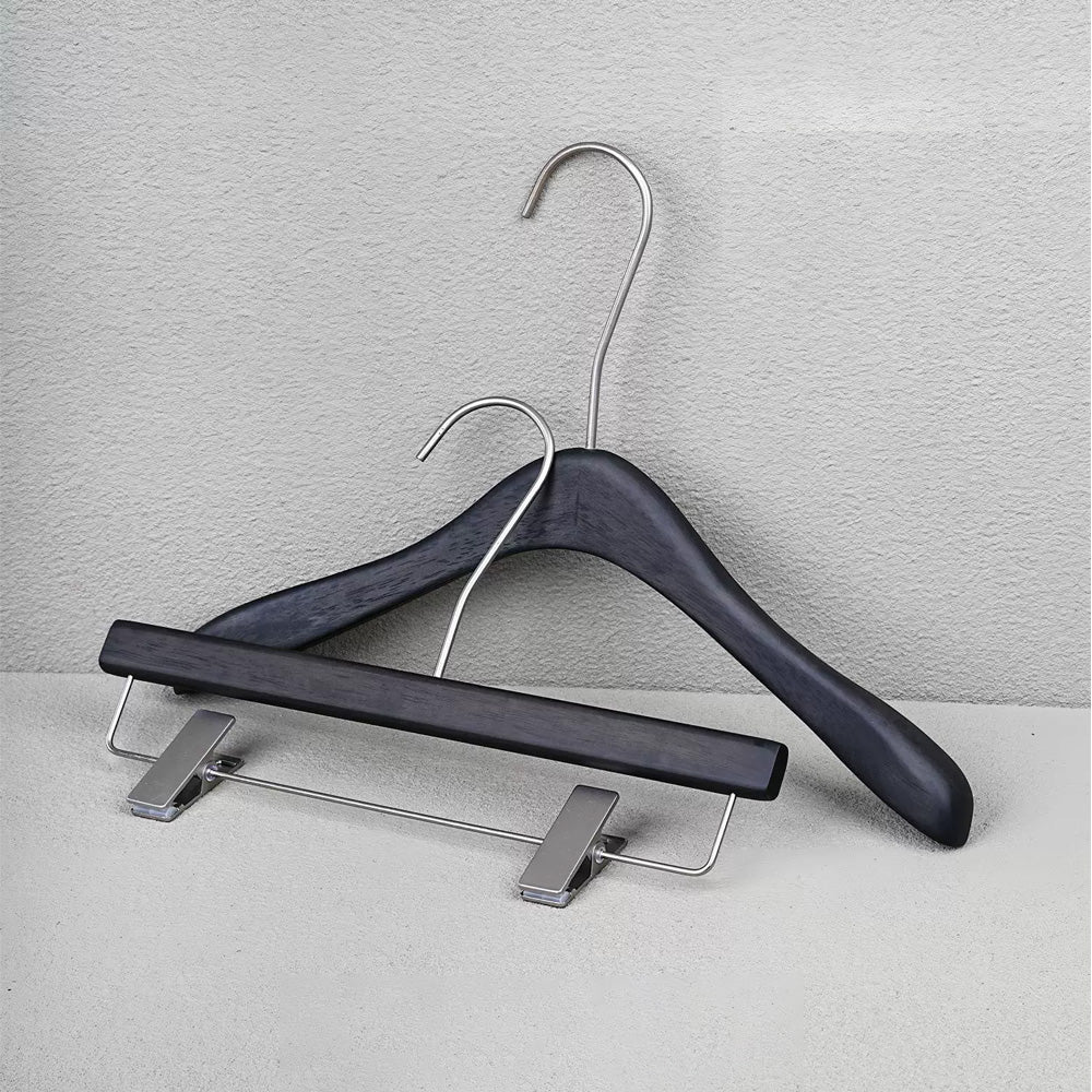 Custom Logo Black Oak Wooden Hangers with Clips for Boutique Stores