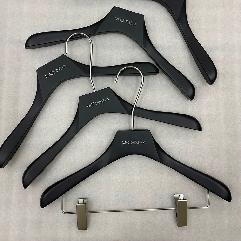 Custom Matte Black Wooden Hangers with Logo | Solid Wood Wholesale