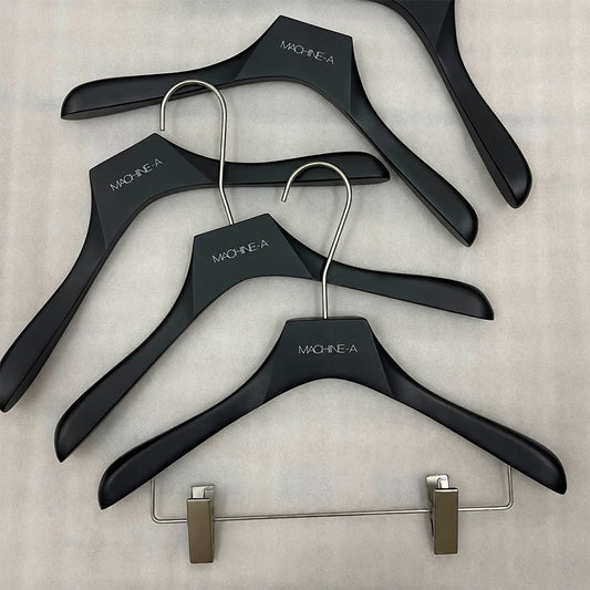 Custom Matte Black Wooden Hangers with Logo | Solid Wood Wholesale