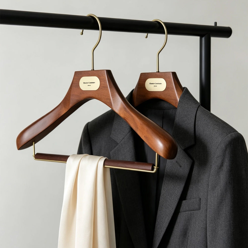 Custom Wooden Suit Hangers with Metal Logo Plate | Wholesale MOQ 50