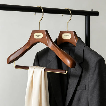 Custom Wooden Suit Hangers with Metal Logo Plate | Wholesale MOQ 50
