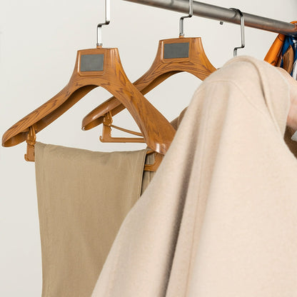Custom Logo Faux Wood Plastic Suit Hangers with Pants Bar | Wholesale