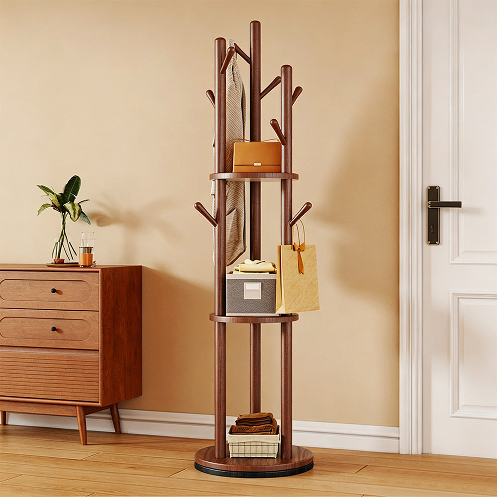 Freestanding Wood Coat Rack & Clothing Rack with Shelves – 360° Rotating Floor Stand