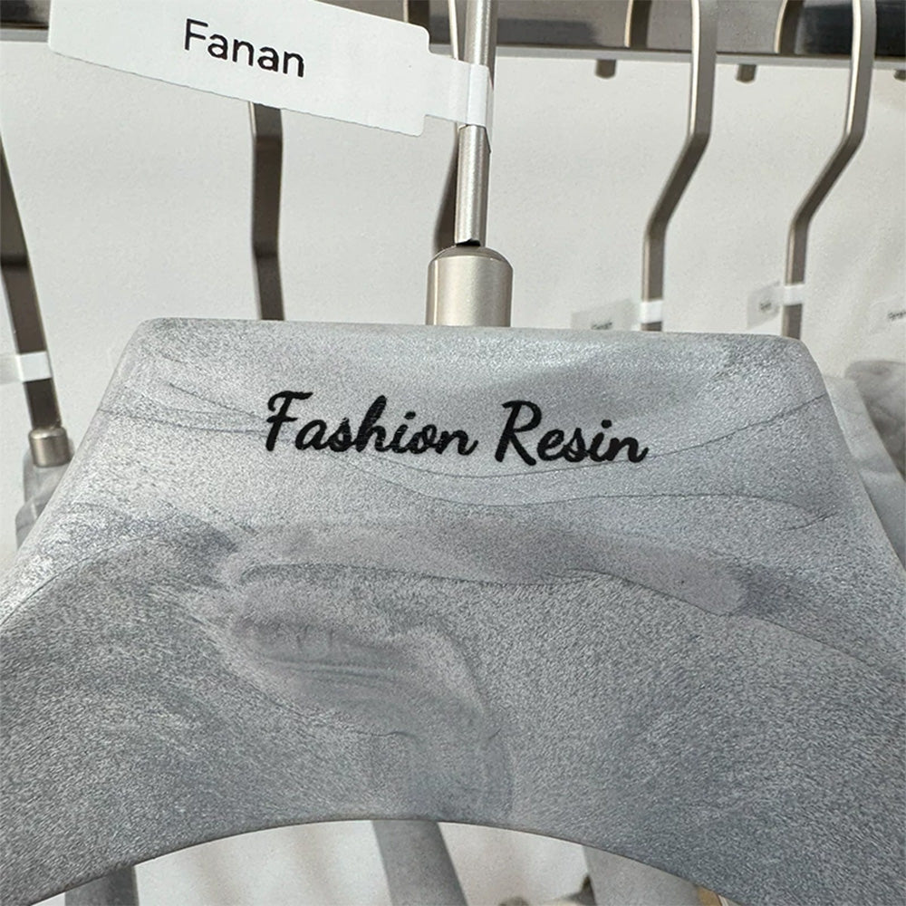 Gray Wood Grain Resin Suit Hangers with Custom Logo for Retail Display