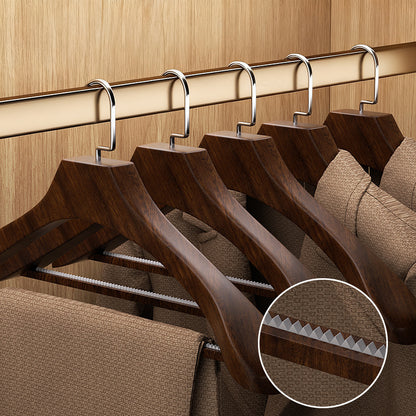 Brown solid wood hangers, gold flat hooks, non-slip serrated design, suitable for clothes and trousers