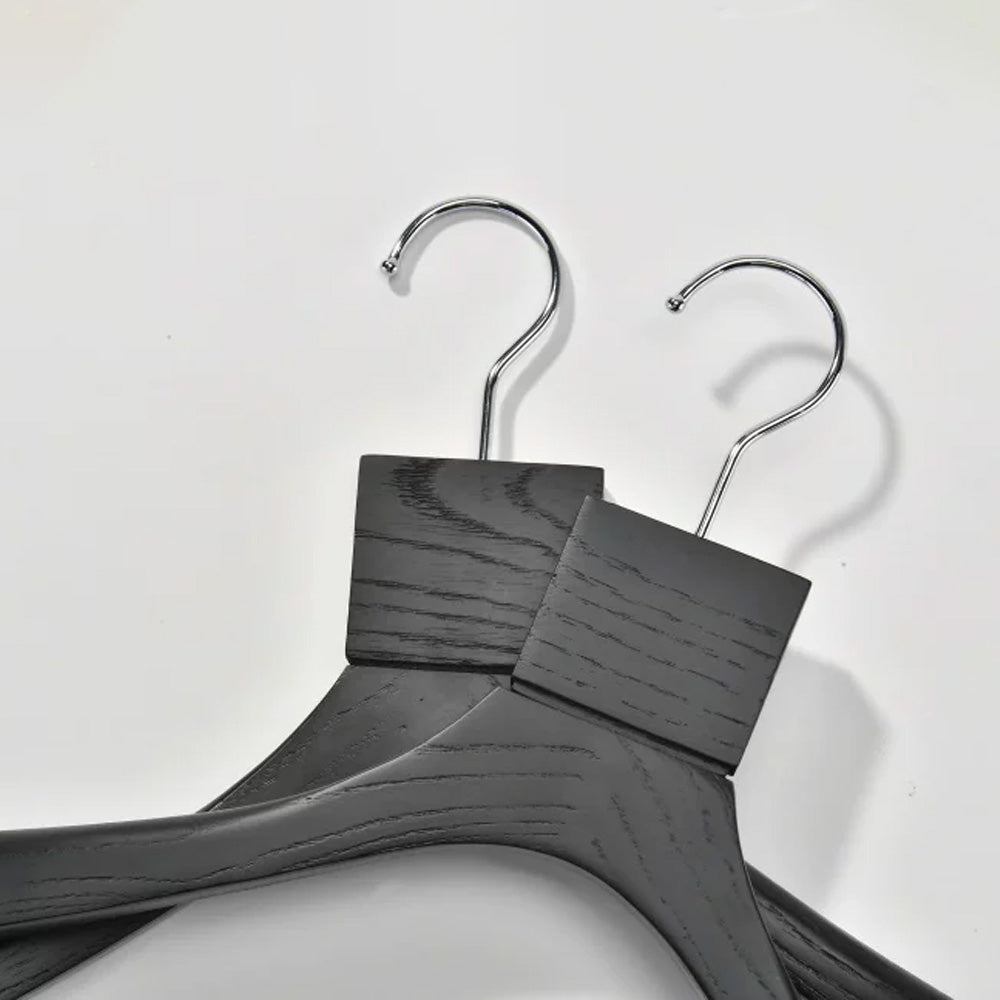 Custom Black Solid Wood Hangers with Ash Wood Grain Texture and Clips