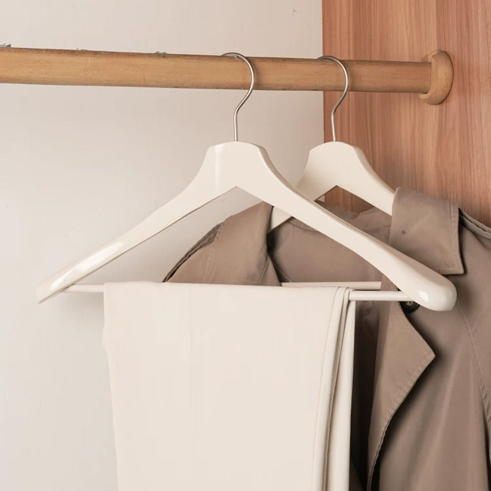 White Wooden Wide Shoulder Hangers with Pants Bar – Matte & Glossy, 46 cm