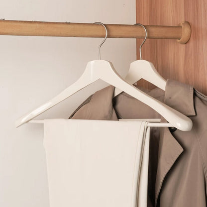 White Wooden Wide Shoulder Hangers with Pants Bar – Matte & Glossy, 46 cm