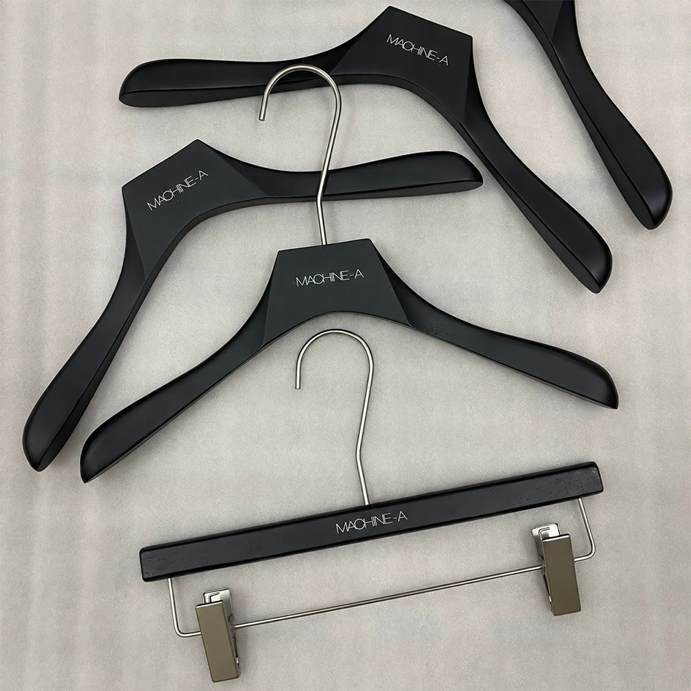 Custom Matte Black Wooden Hangers with Logo | Solid Wood Wholesale