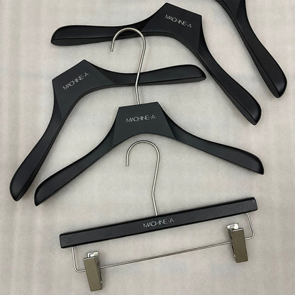 Custom Matte Black Wooden Hangers with Logo | Solid Wood Wholesale