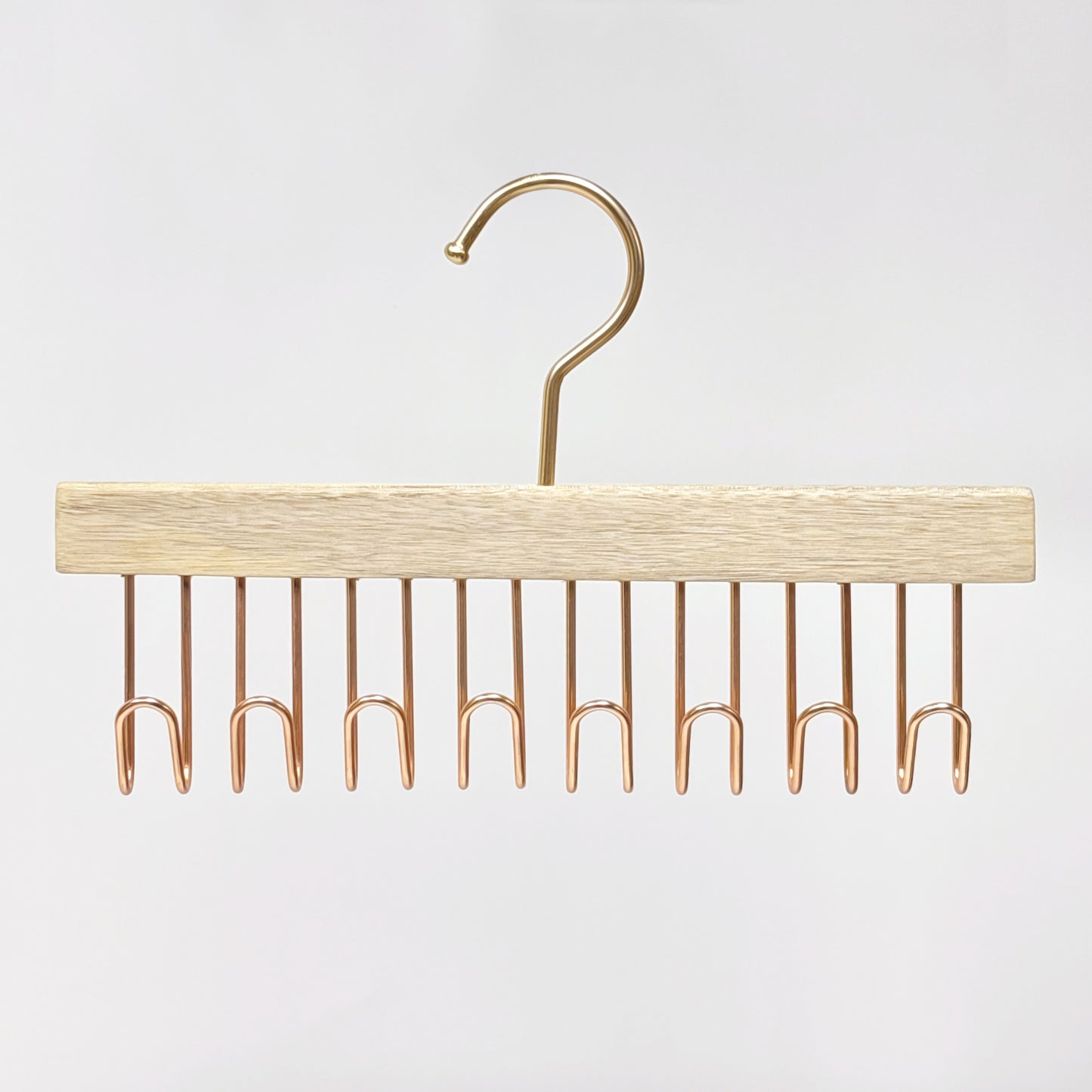 Wooden Hanger Tie & Scarf Organizer | Camphor Wood | Rose Gold Hooks