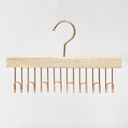 Wooden Hanger Tie & Scarf Organizer | Camphor Wood | Rose Gold Hooks