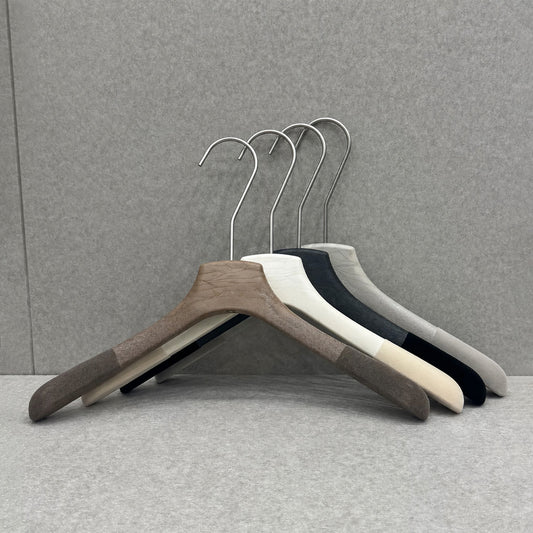 Non-Slip Flocked Resin Woodgrain Hangers for Clothing Stores