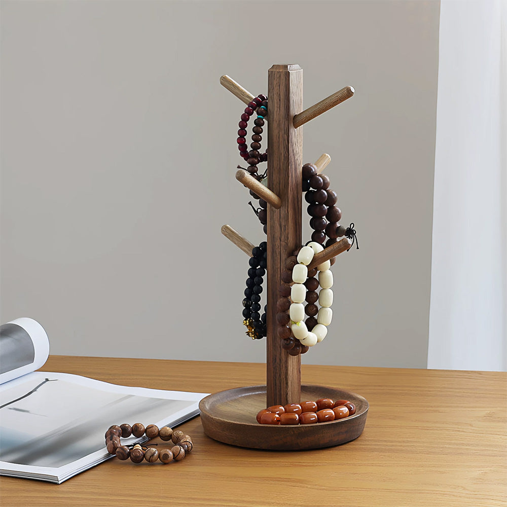 Solid Wood Jewelry Stand Tree with Catchall Dish | Necklace Organizer