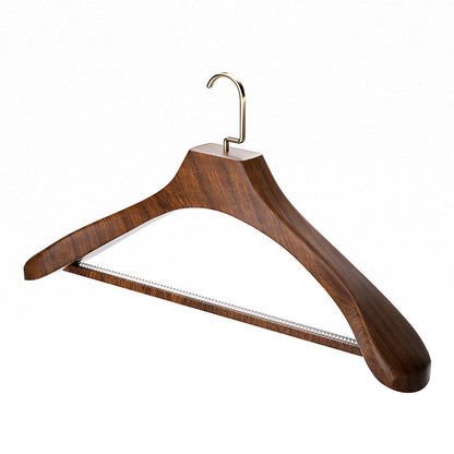 Brown solid wood hangers, gold flat hooks, non-slip serrated design, suitable for clothes and trousers