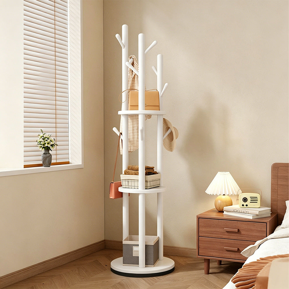Freestanding Wood Coat Rack & Clothing Rack with Shelves – 360° Rotating Floor Stand