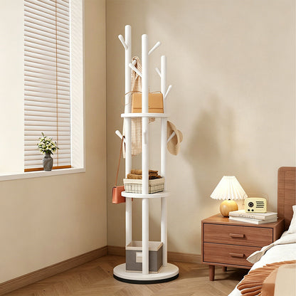 Freestanding Wood Coat Rack & Clothing Rack with Shelves – 360° Rotating Floor Stand