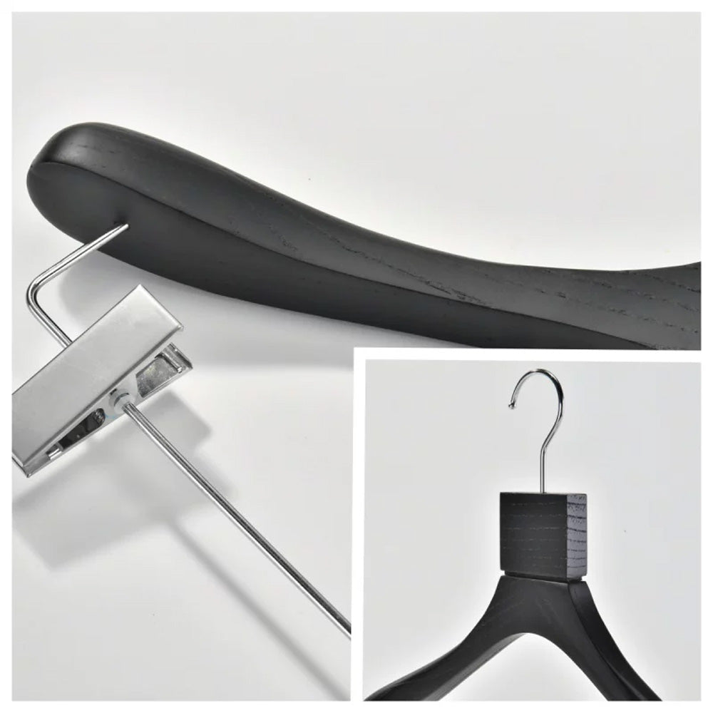 Custom Black Solid Wood Hangers with Ash Wood Grain Texture and Clips