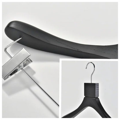Custom Black Solid Wood Hangers with Ash Wood Grain Texture and Clips