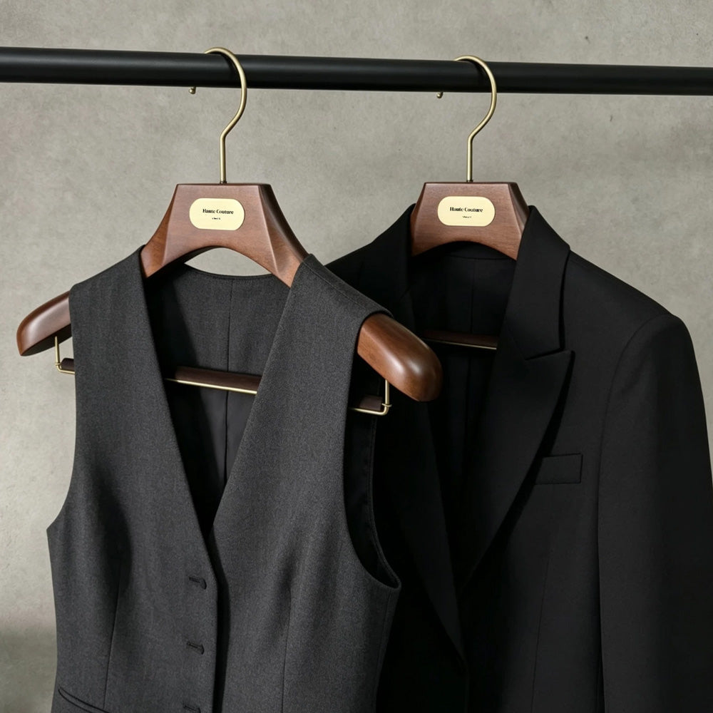 Custom Wooden Suit Hangers with Metal Logo Plate | Wholesale MOQ 50