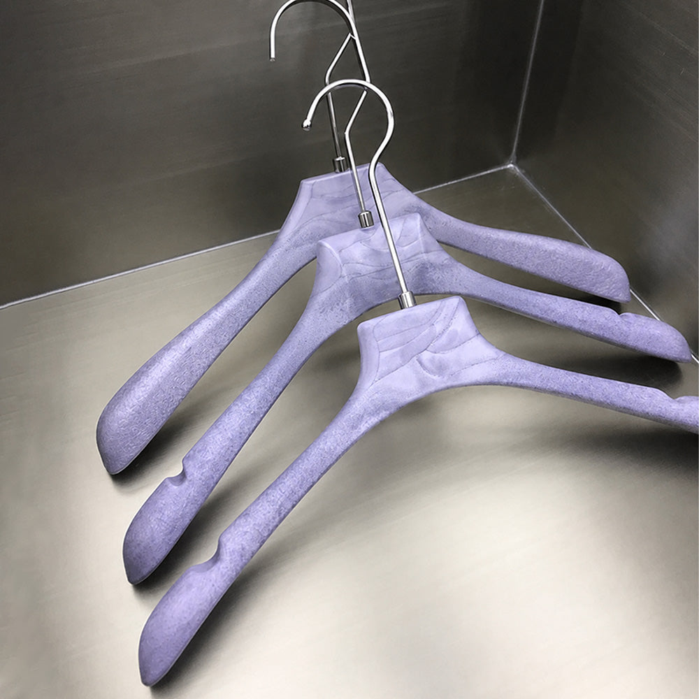 Purple Wood Grain Resin Hangers with Pants Clips for Boutiques