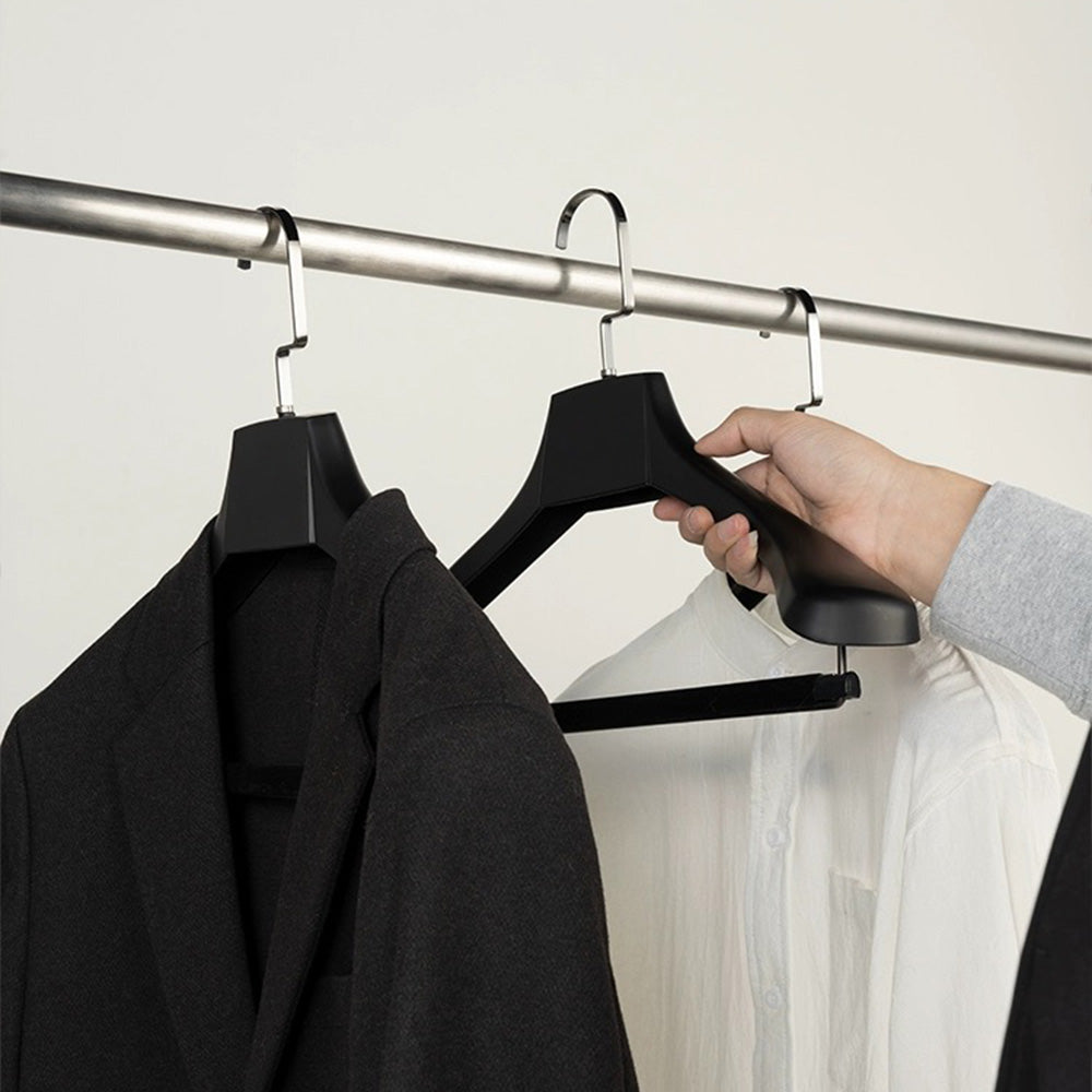 Black Wide Shoulder Plastic Suit Hanger with Flocked Pants Bar