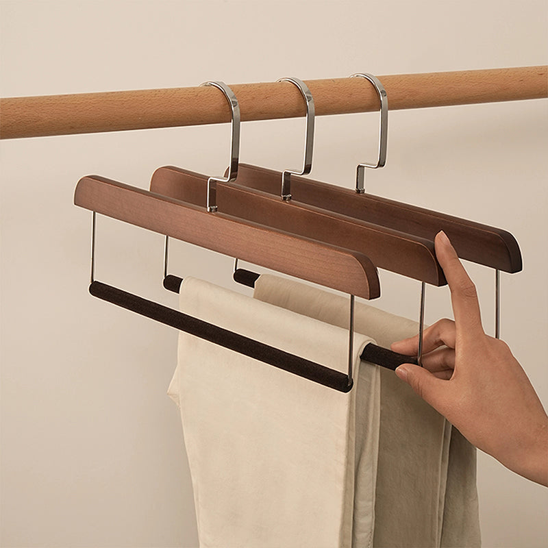 Natural Wooden Hanger with Velvet Bar - Multi-Use Pant Skirt Scarf Rack Organizer