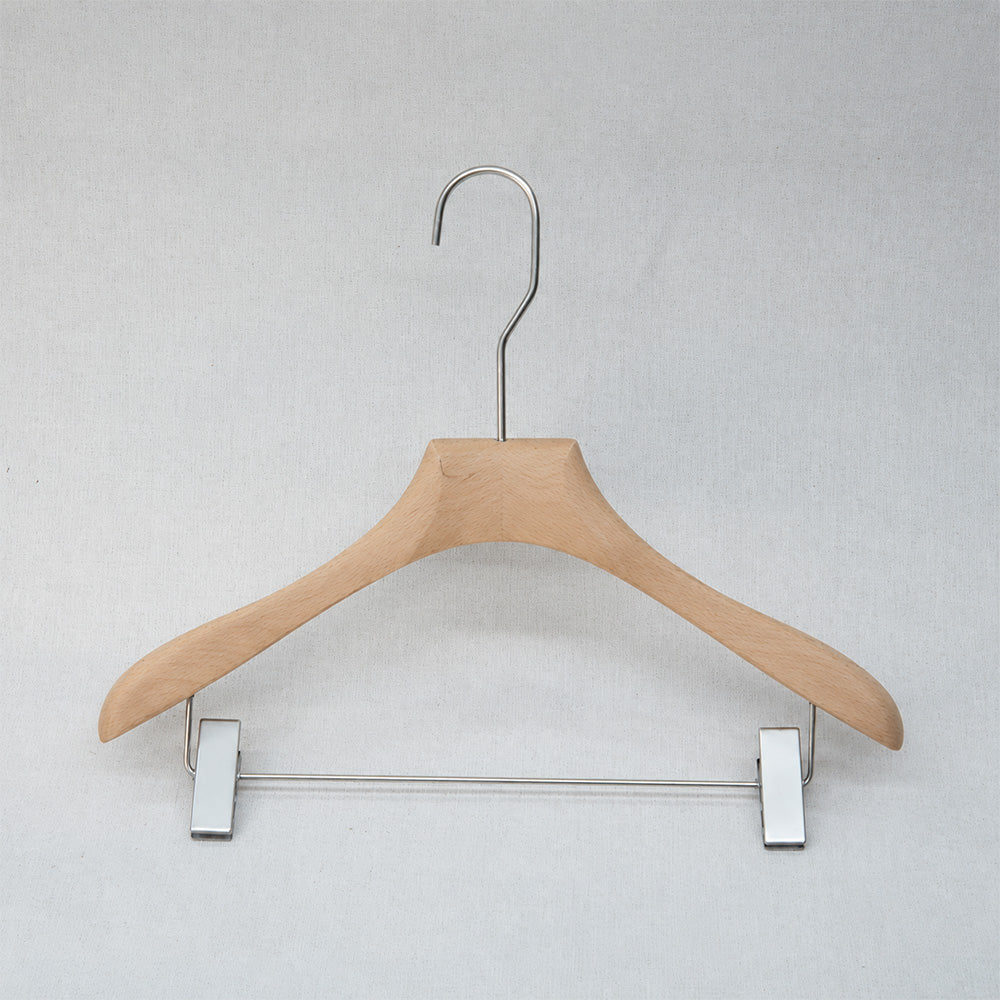 Natural Beech Wood Hangers with Clips for Boutique Clothing Display