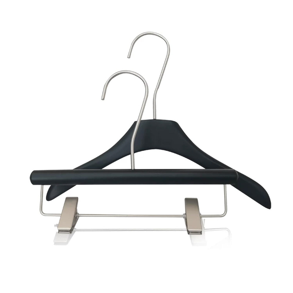 Black Wooden Kids Hangers & Pant Hangers with Adjustable Clips | Custom Logo