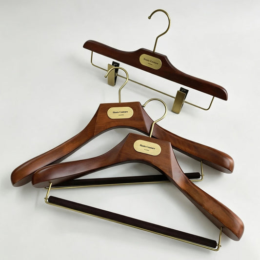Custom Wooden Suit Hangers with Metal Logo Plate | Wholesale MOQ 50