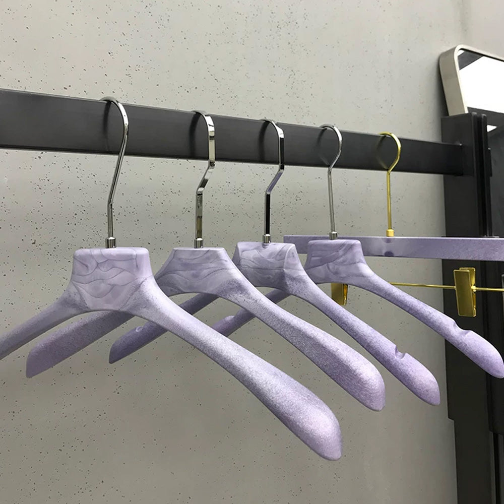 Purple Wood Grain Resin Hangers with Pants Clips for Boutiques