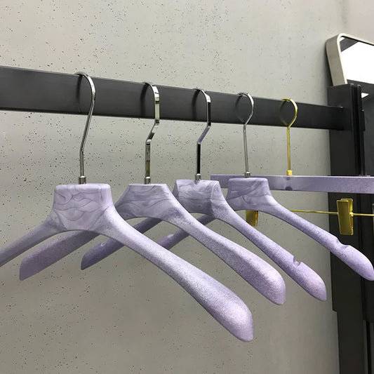 Purple Wood Grain Resin Hangers with Pants Clips for Boutiques