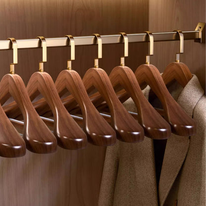 Brown solid wood hangers, gold flat hooks, non-slip serrated design, suitable for clothes and trousers