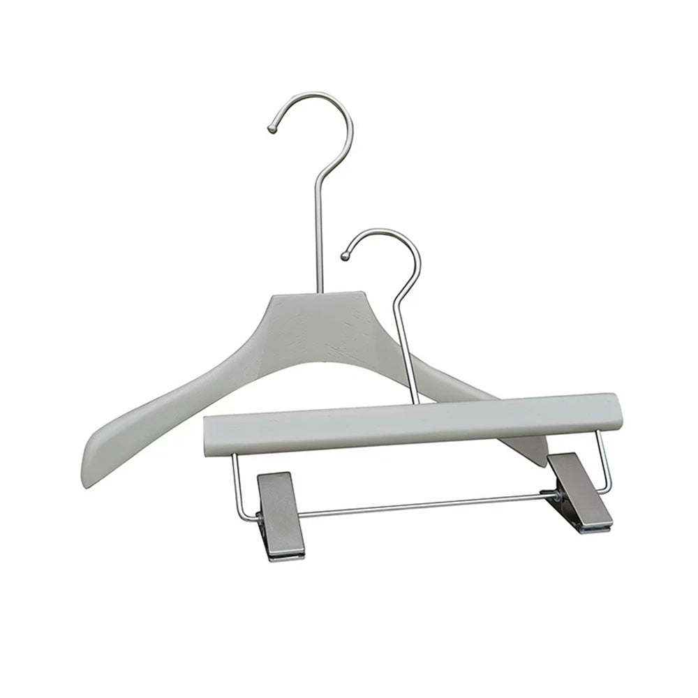 Wholesale Gray Wooden Kids Clothes Hangers with Adjustable Clips