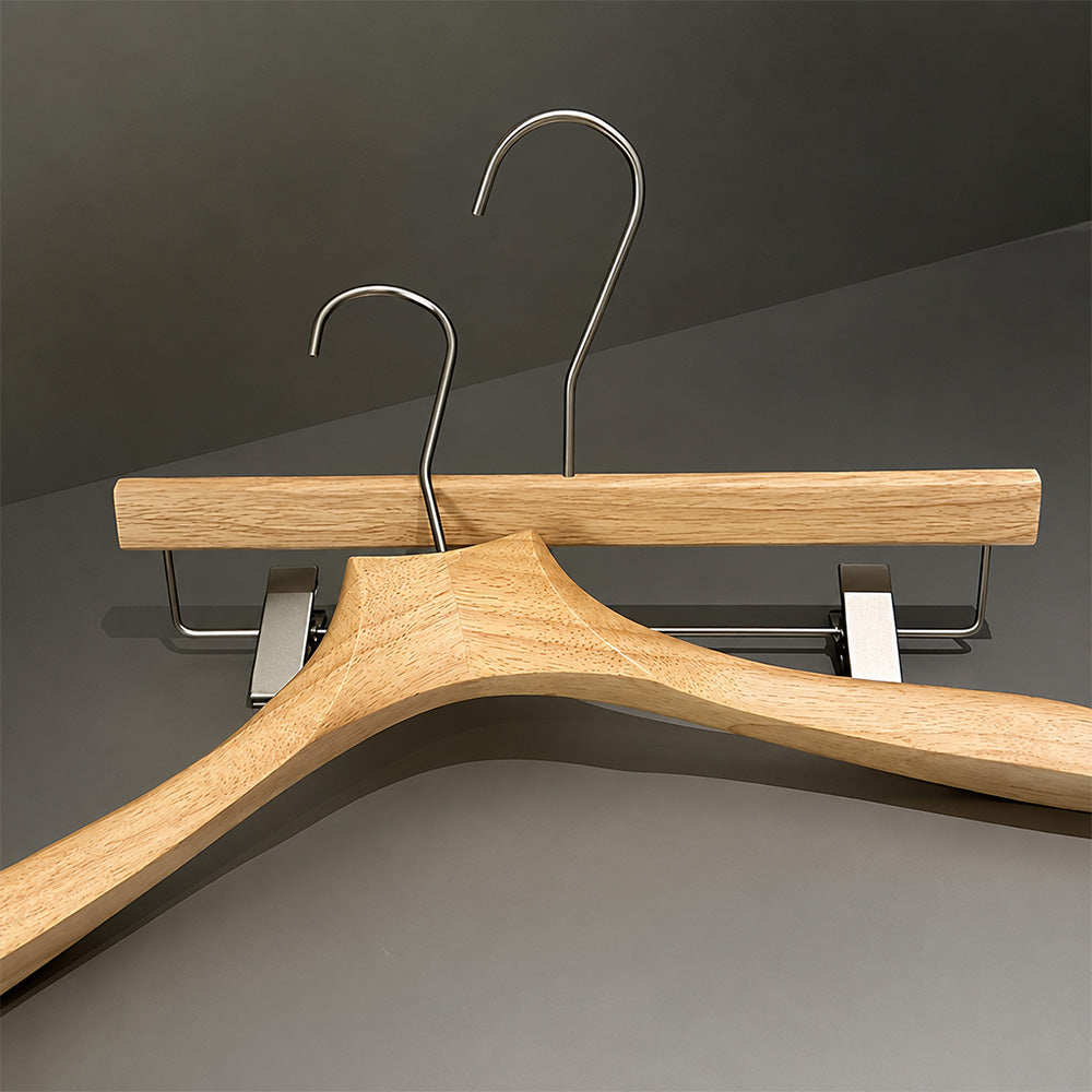 Wholesale Wooden Clothes Hangers with Adjustable Pants Clips & Custom Logo