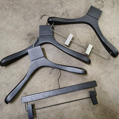 Custom Black Solid Wood Hangers with Ash Wood Grain Texture and Clips