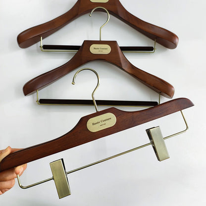 Custom Wooden Suit Hangers with Metal Logo Plate | Wholesale MOQ 50