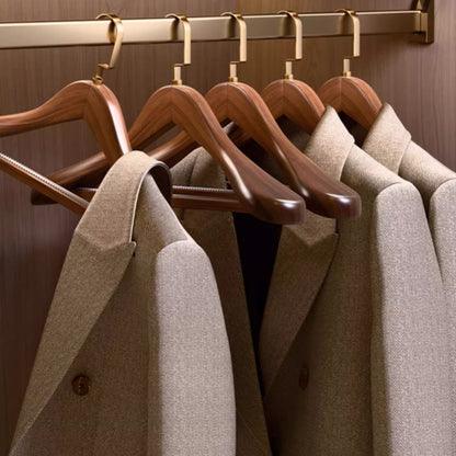 Brown solid wood hangers, gold flat hooks, non-slip serrated design, suitable for clothes and trousers