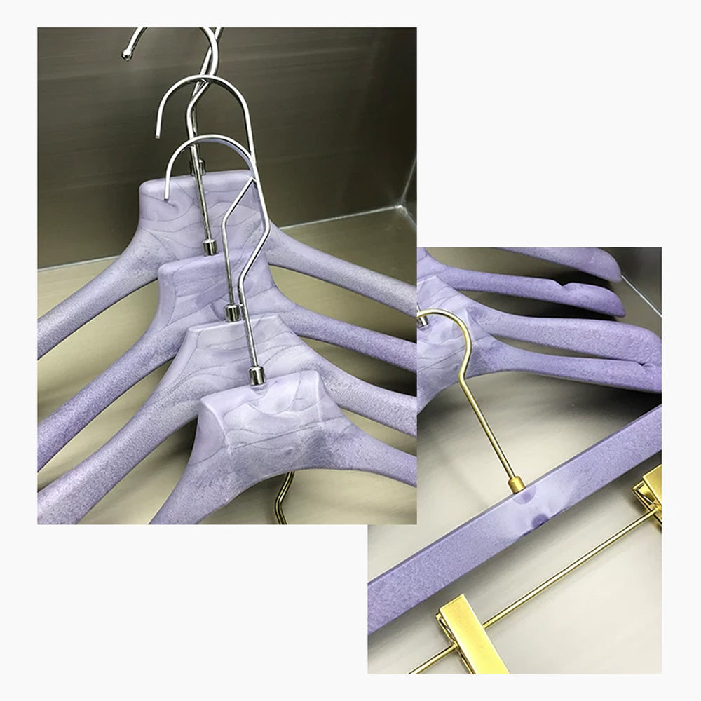 Purple Wood Grain Resin Hangers with Pants Clips for Boutiques