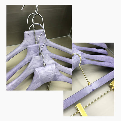 Purple Wood Grain Resin Hangers with Pants Clips for Boutiques
