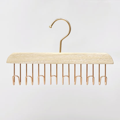 Wooden Hanger Tie & Scarf Organizer | Camphor Wood | Rose Gold Hooks