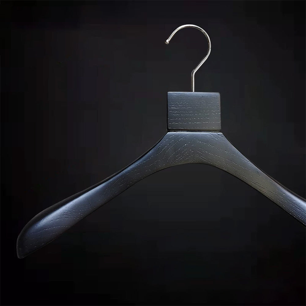 Custom Black Solid Wood Hangers with Ash Wood Grain Texture and Clips
